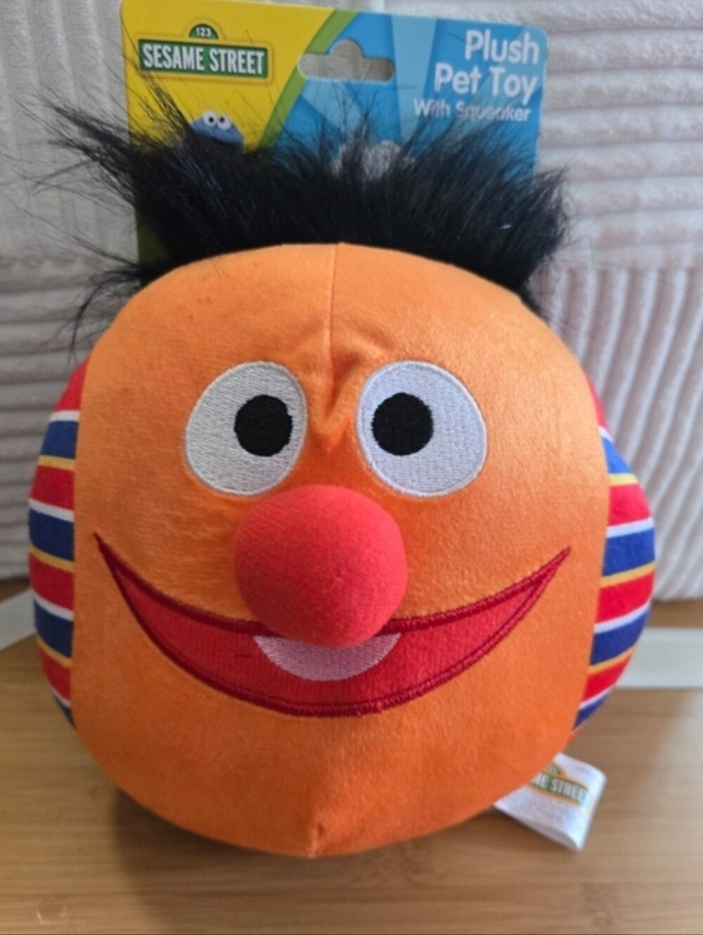 Pet Toy-Sesame Street Ernie Plush - Orange with Red Nose and Multicolor Stripes - Picture 7 of 7